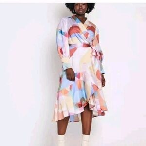 Eloquii Wrap Satin.Dress Women 22 Plus Belted Colorful Pearl Buttons Ruffles New